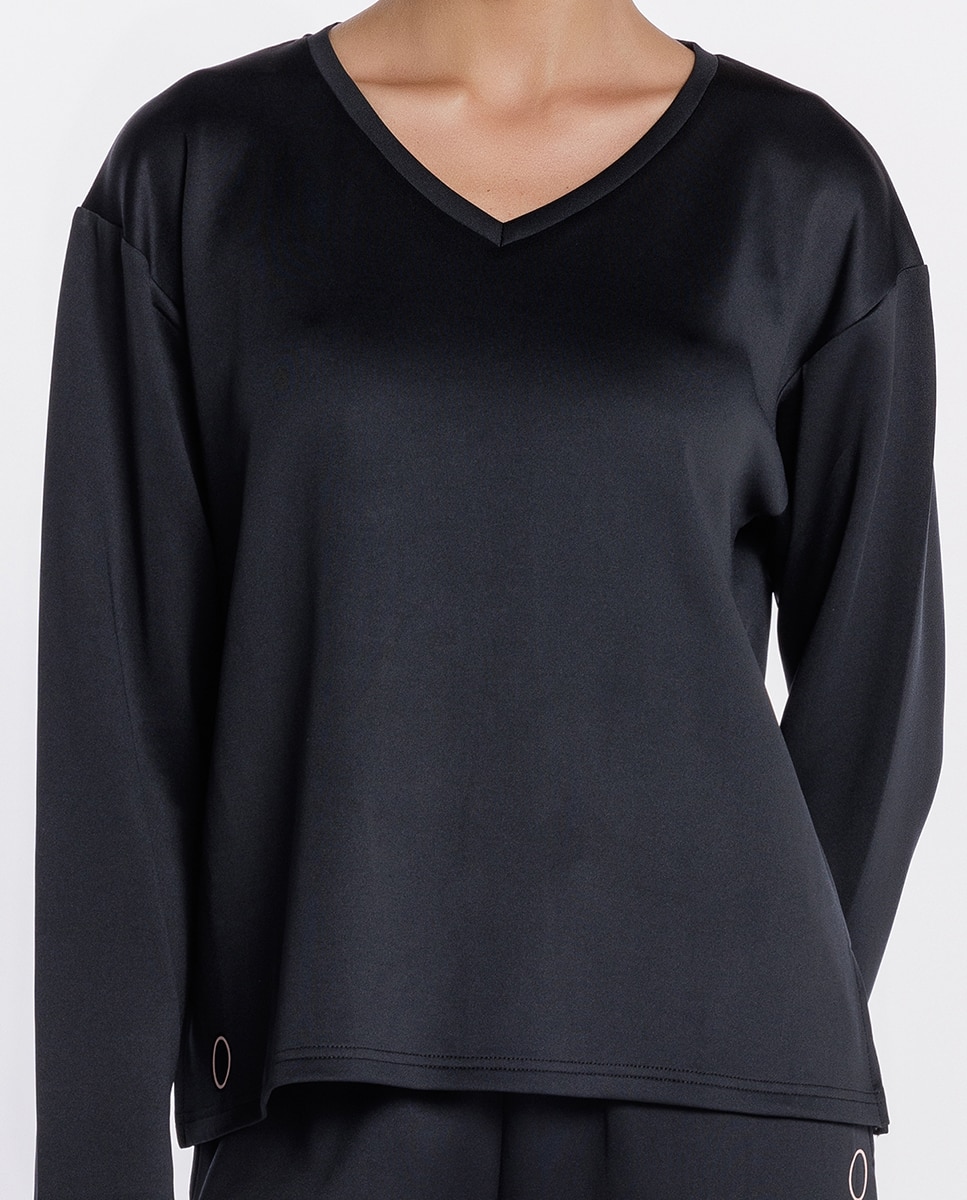Camiseta homewear de mujer de viscosa elástica - Punto Blanco - Negro Negro-3