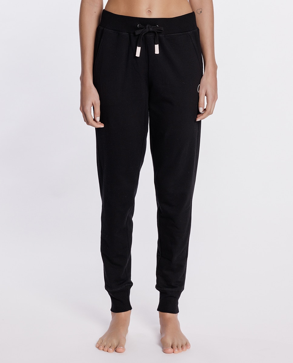 Pantalón homewear de mujer largo de algodón elástico - Punto Blanco - Negro Negro-1