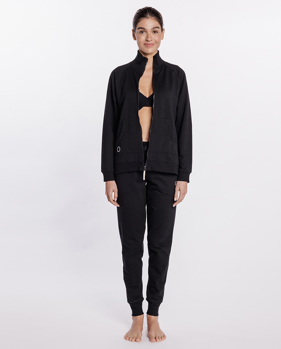 Pantalón homewear de mujer largo de algodón elástico - Punto Blanco - Negro Negro-4