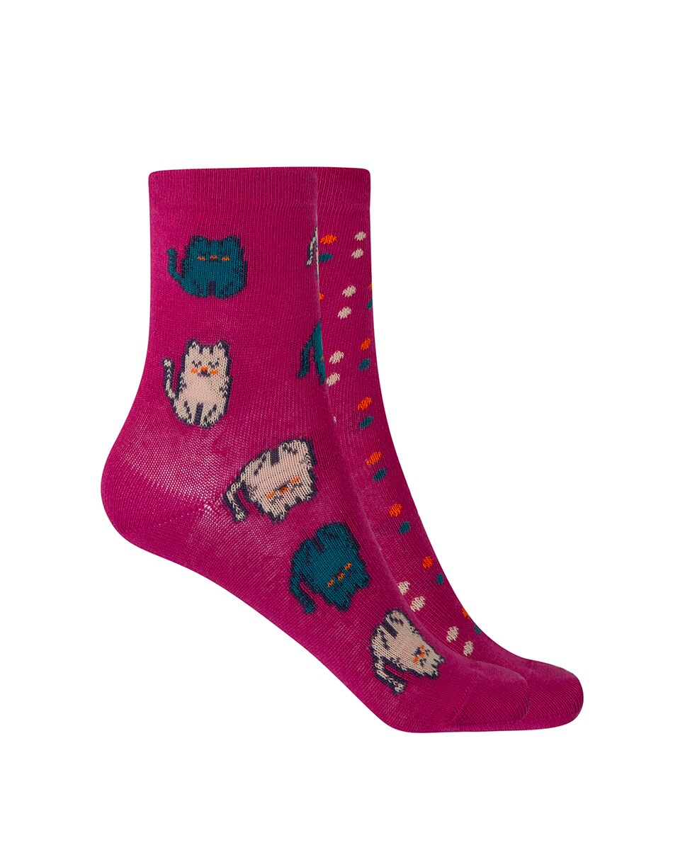 Pack de 2 pares de calcetines de niña en algodón con gatos y lunares - Punto Blanco - Fucsia Fucsia-1