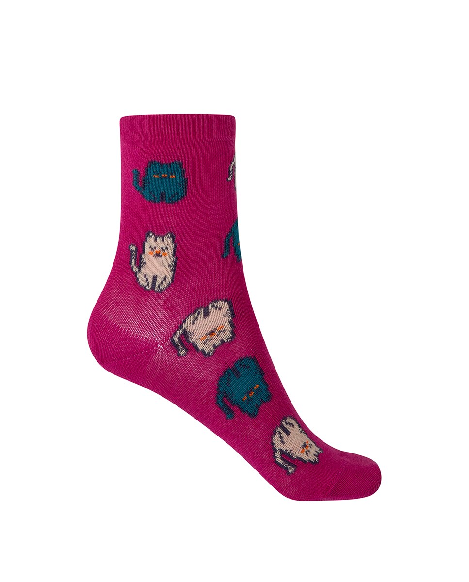 Pack de 2 pares de calcetines de niña en algodón con gatos y lunares - Punto Blanco - Fucsia Fucsia-2