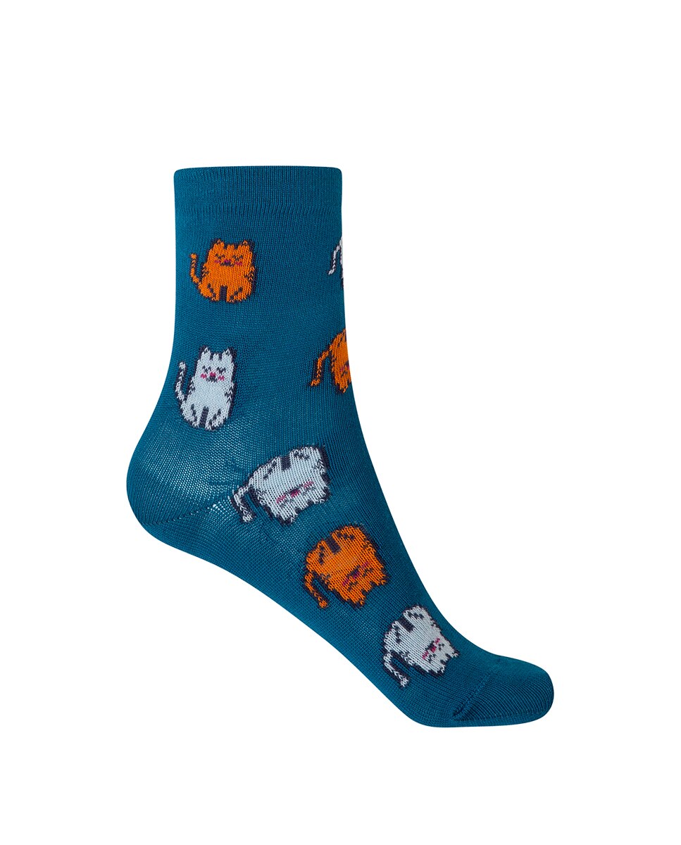Pack de 2 pares de calcetines de niña en algodón con gatos y lunares - Punto Blanco - Azul Azul-2