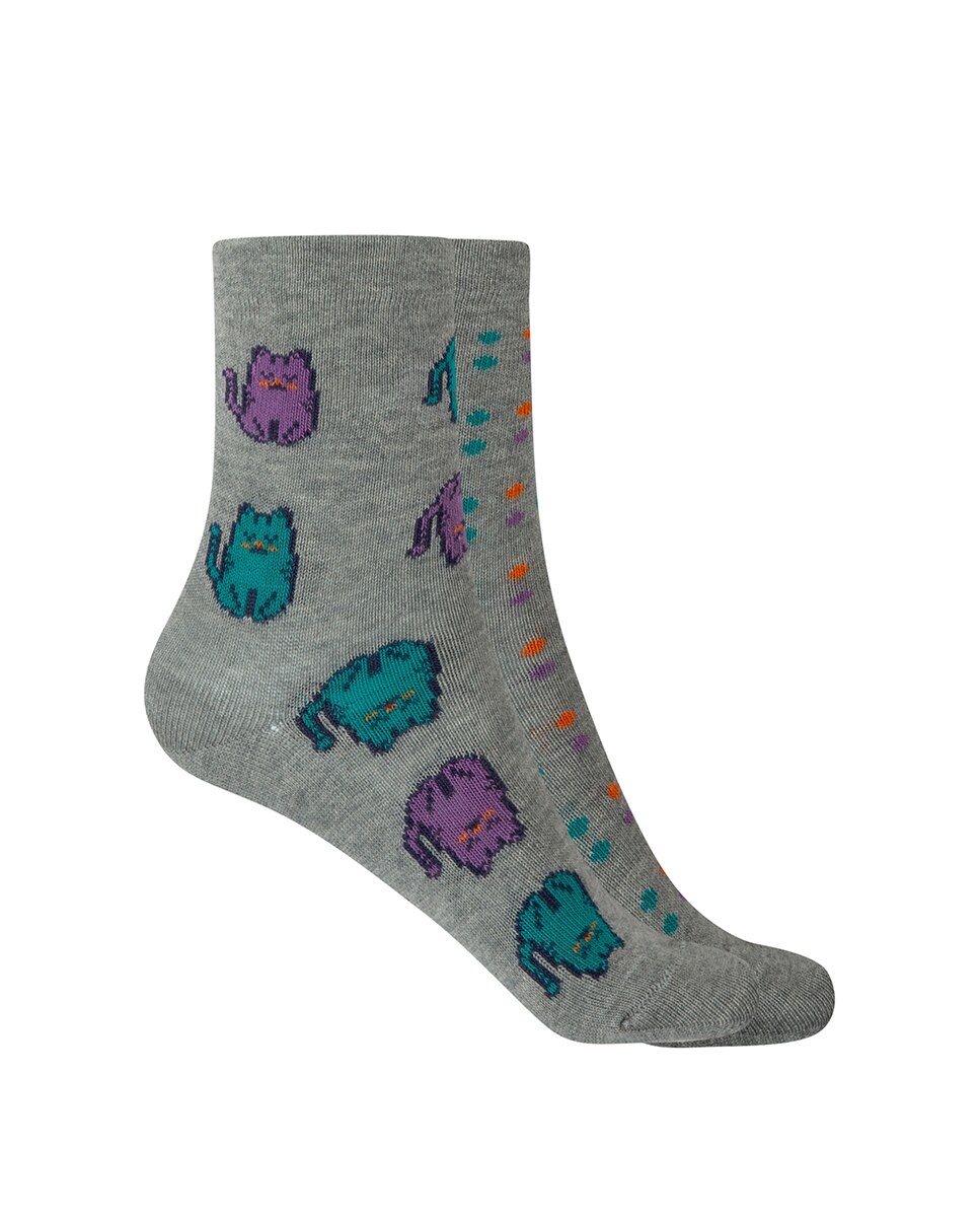 Pack de 2 pares de calcetines de niña en algodón con gatos y lunares - Punto Blanco - Gris Gris-1