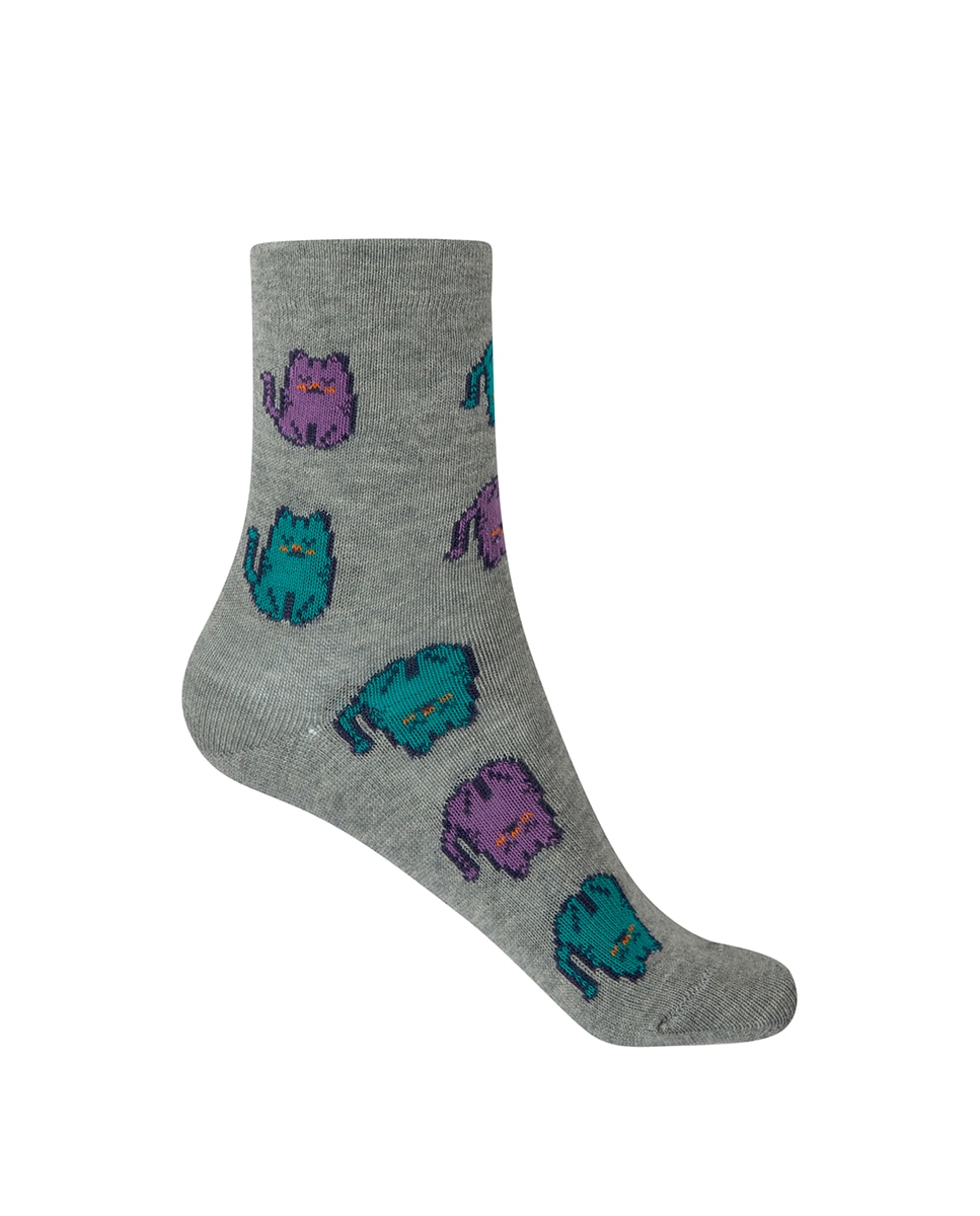 Pack de 2 pares de calcetines de niña en algodón con gatos y lunares - Punto Blanco - Gris Gris-2