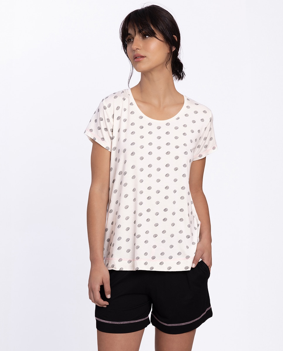 Imagen 0 de Pijama corto de mujer estampado y de viscosa Negro / Blanco