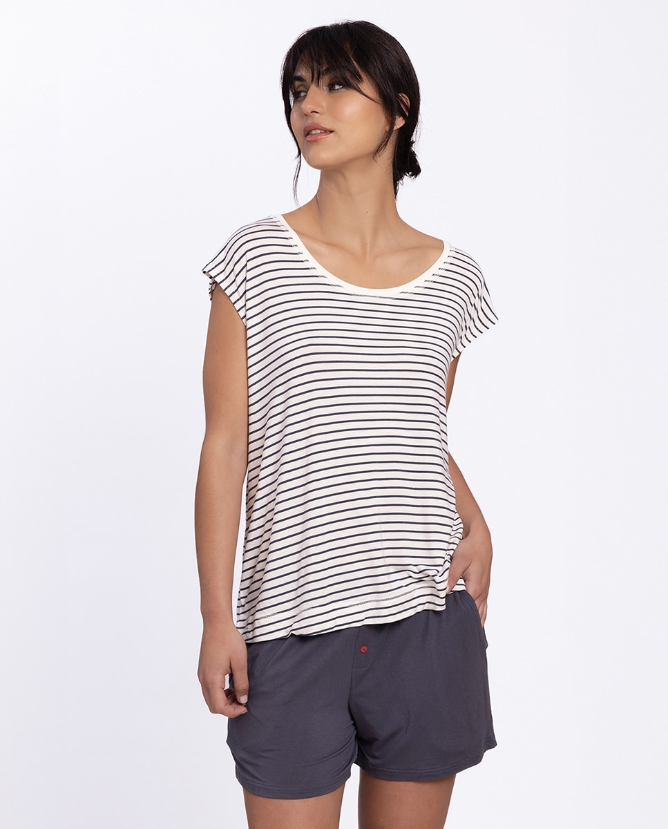 Pijama corto de mujer de modal estampado - Punto Blanco - Azul marino Azul marino-1