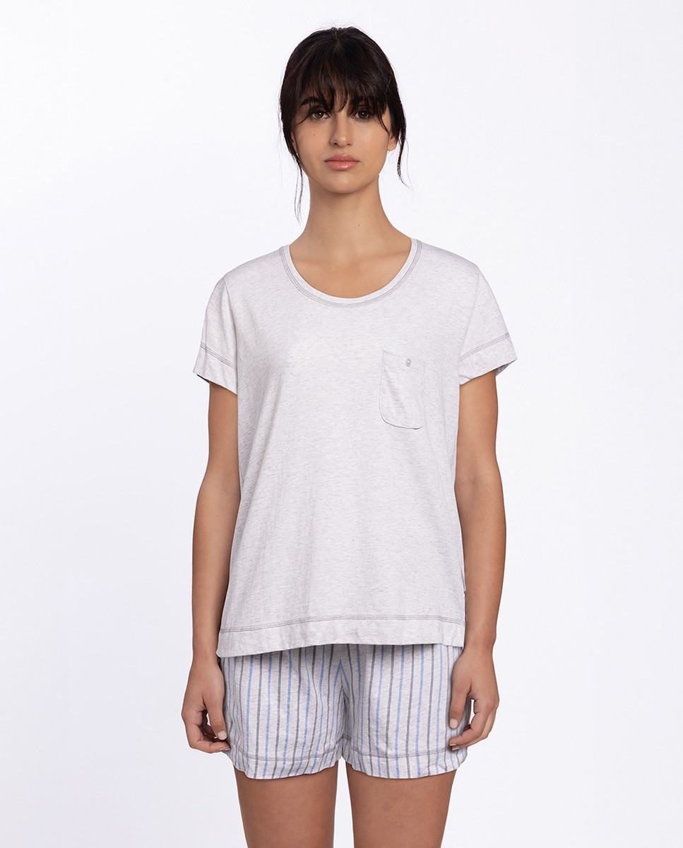 Pijama corto de mujer de algodón estampado - Punto Blanco - Gris claro Gris claro-1
