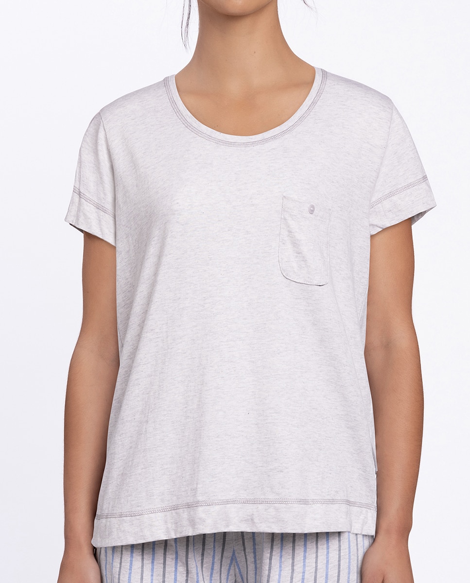 Pijama corto de mujer de algodón estampado - Punto Blanco - Gris claro Gris claro-3