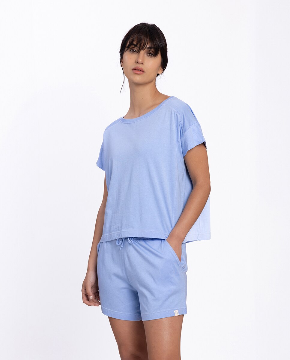 Pijama corto de mujer de viscosa liso - Punto Blanco - Azul claro Azul claro-1