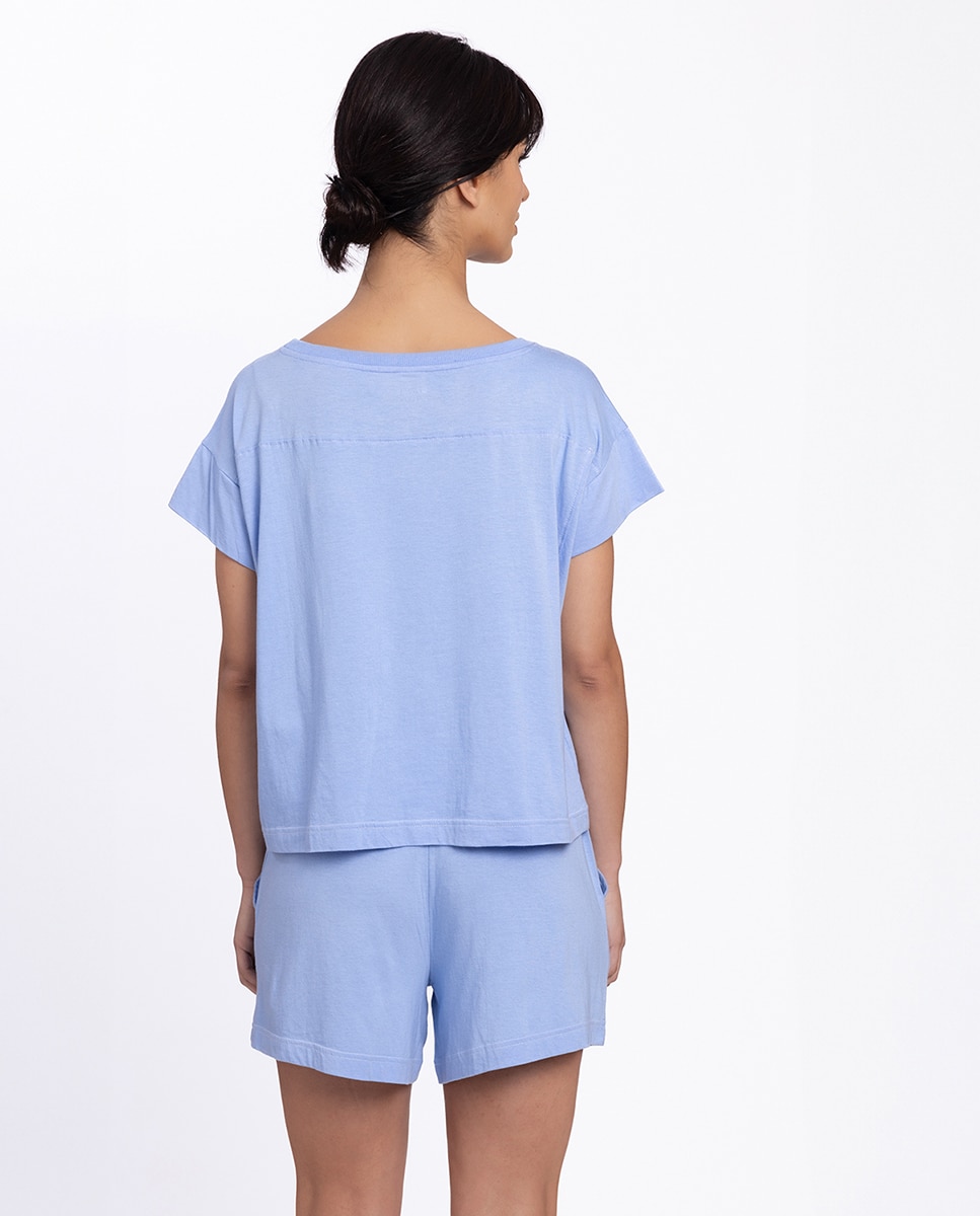 Pijama corto de mujer de viscosa liso - Punto Blanco - Azul claro Azul claro-2