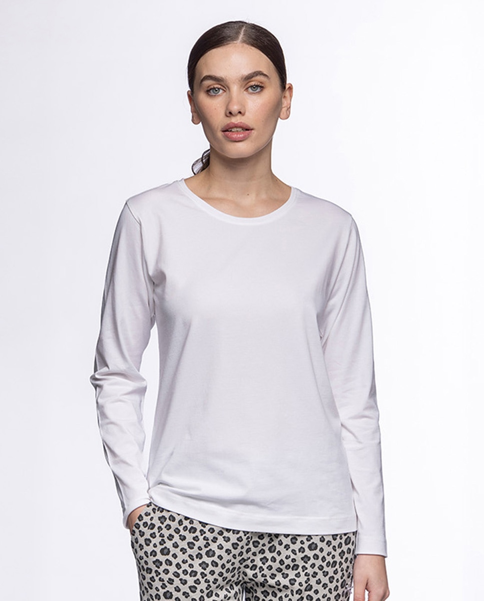 Imagen 0 de Camiseta homewear de mujer de algodón elástico  de manga larga Blanco