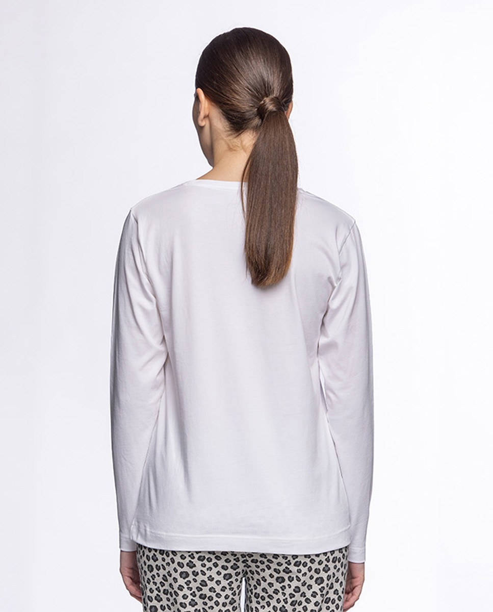 Camiseta homewear de mujer de algodón elástico de manga larga - Punto Blanco - Blanco Blanco-2