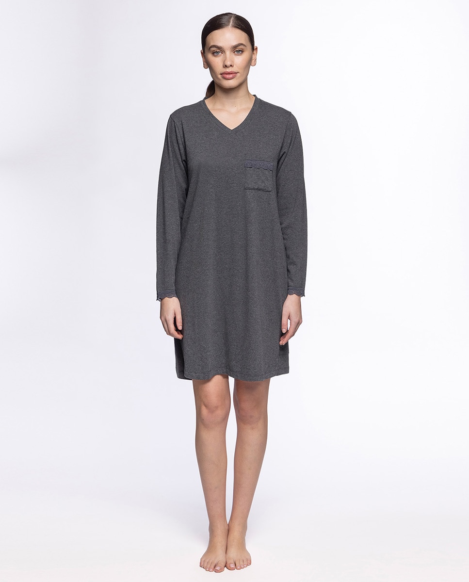 Camisón de mujer largo de algodón elástico - Punto Blanco - Gris Gris-1