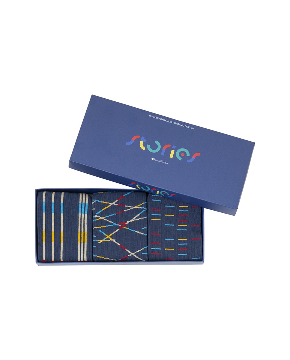 Caja pack de 3 pares de calcetines cortos de algodón orgánico de hombre - Punto Blanco - Azul Azul-1