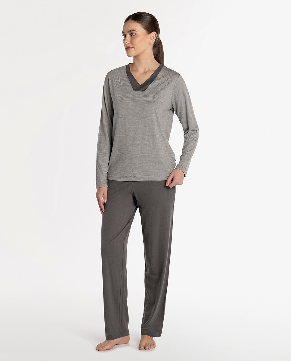 Pijama de mujer de algodón y bambú - Punto Blanco - Gris Gris-1