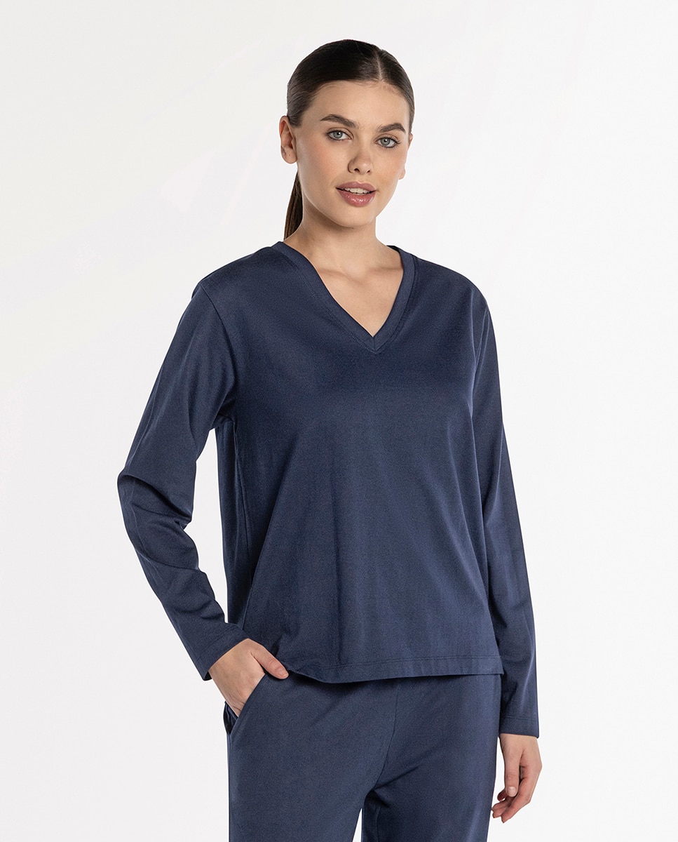 Imagen 0 de Camiseta homewear de mujer de algodón de manga larga Azul