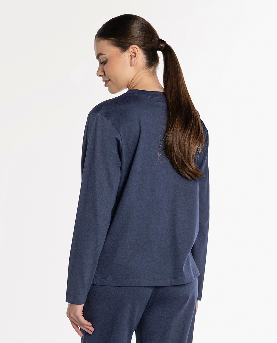 Camiseta homewear de mujer de algodón de manga larga - Punto Blanco - Azul Azul-2