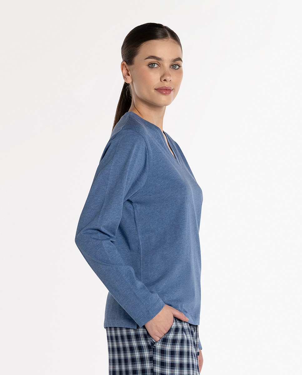 Imagen 0 de Camiseta homewear de mujer de algodón de manga larga Azul