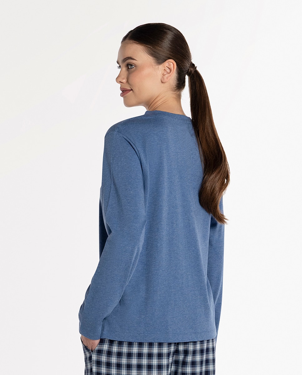 Camiseta homewear de mujer de algodón de manga larga - Punto Blanco - Azul Azul-2
