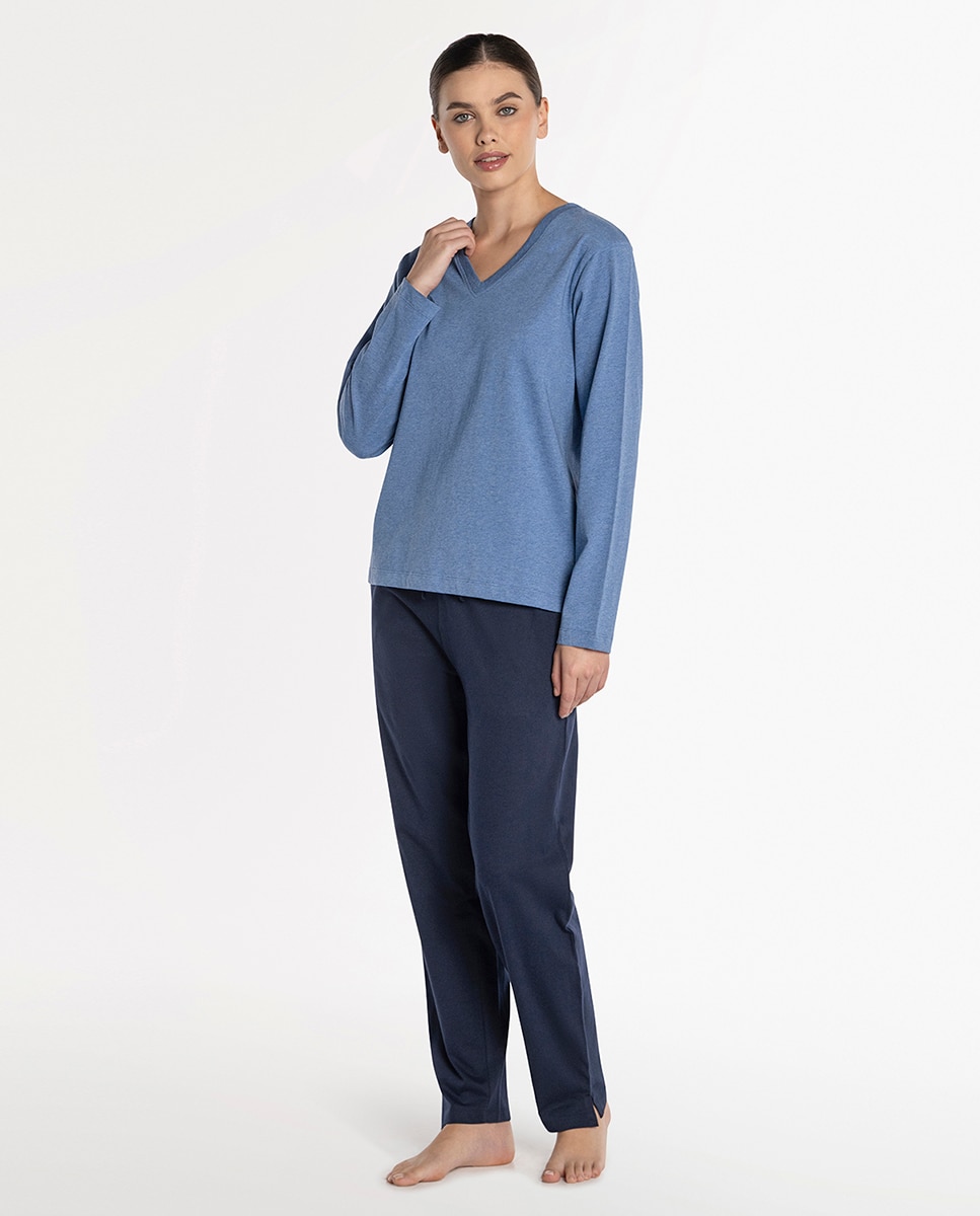Camiseta homewear de mujer de algodón de manga larga - Punto Blanco - Azul Azul-3