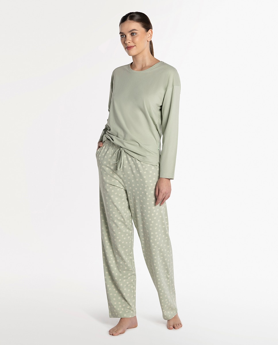 Pijama de mujer de algodón elástico - Punto Blanco - Verde Verde-1