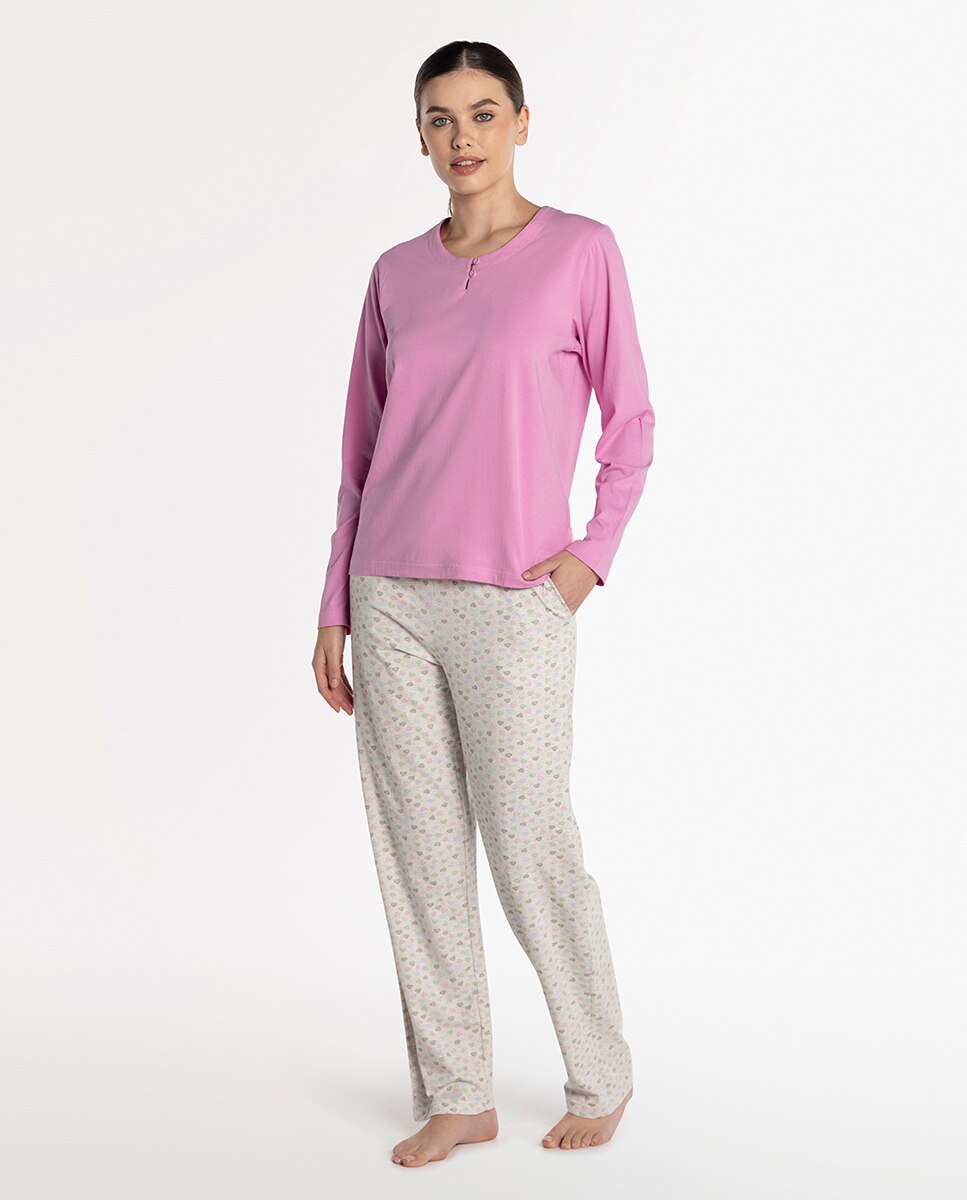 Pijama de mujer de algodón elástico - Punto Blanco - Rosa Rosa-1