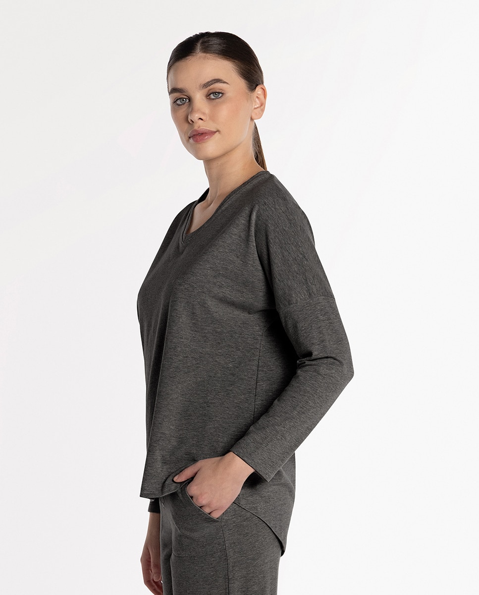 Camiseta homewear de mujer manga larga en algodón elástico - Punto Blanco - Gris Gris-2