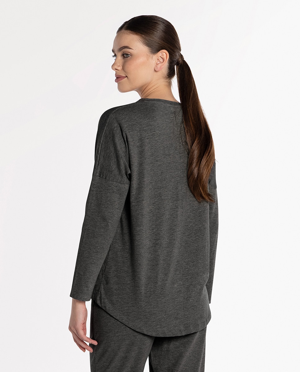 Camiseta homewear de mujer manga larga en algodón elástico - Punto Blanco - Gris Gris-3
