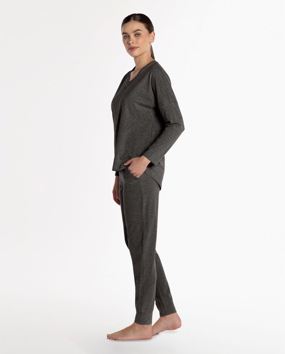 Pantalón homewear de mujer largo en algodón elástico - Punto Blanco - Gris Gris-1