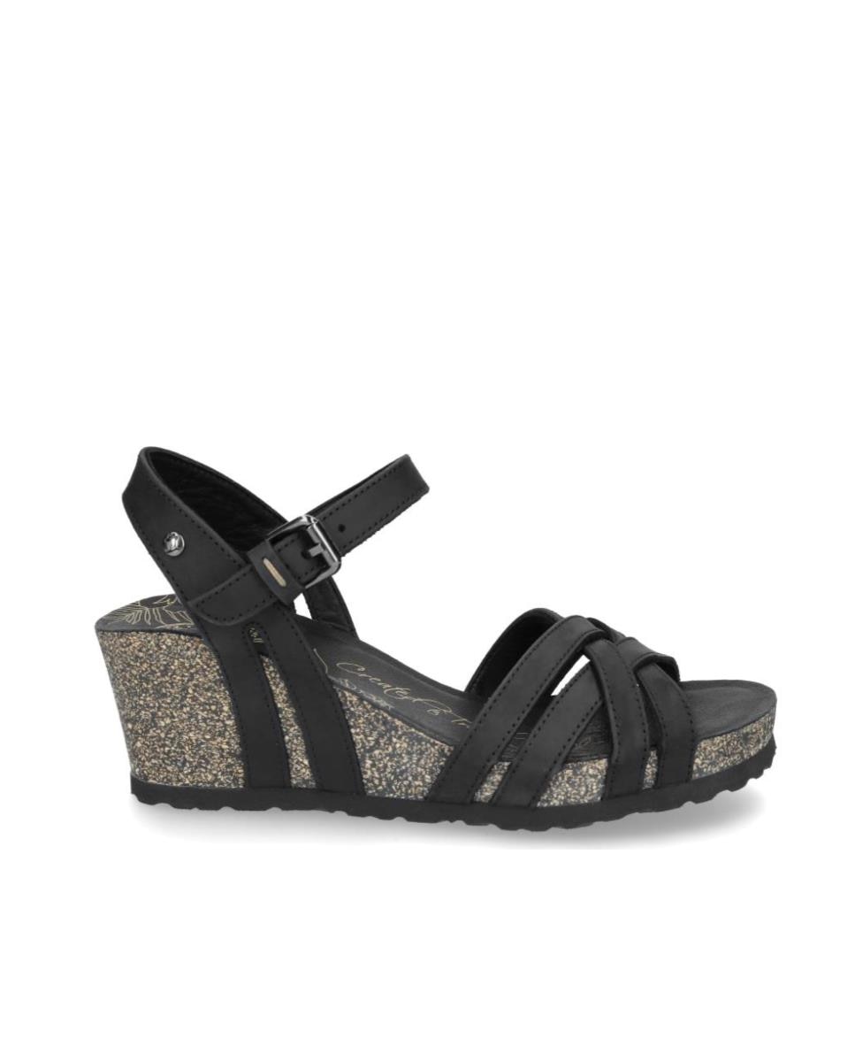 Panama Jack - Sandalias de cuña de mujer en piel en color negro.
