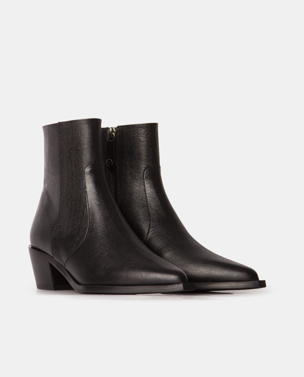 Botines estilo cow-boy de mujer confeccionado en piel grabada lagarto - Farrutx - Negro Negro-3