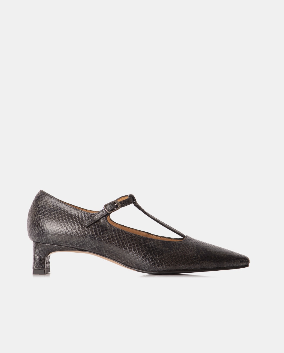 Zapatos de salón confeccionados en piel grabada pitón de puntera cuadrada - Farrutx - Negro Negro-1