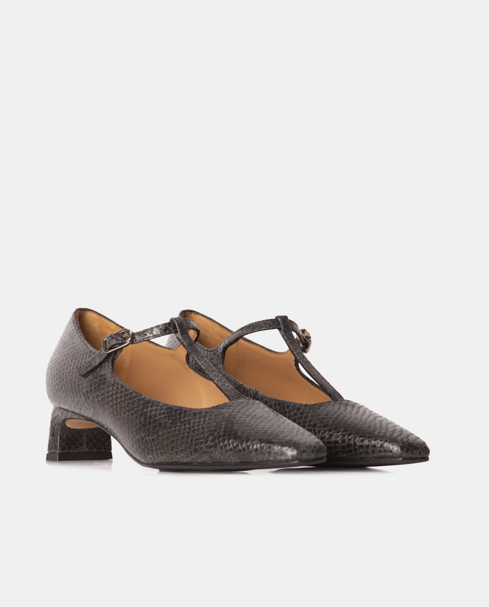Zapatos de salón confeccionados en piel grabada pitón de puntera cuadrada - Farrutx - Negro Negro-3