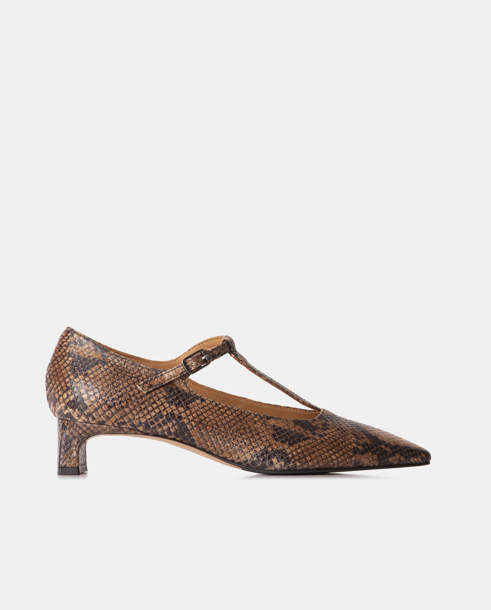 Zapatos de salón confeccionados en piel grabada pitón de puntera cuadrada - Farrutx - Marrón Marrón-1