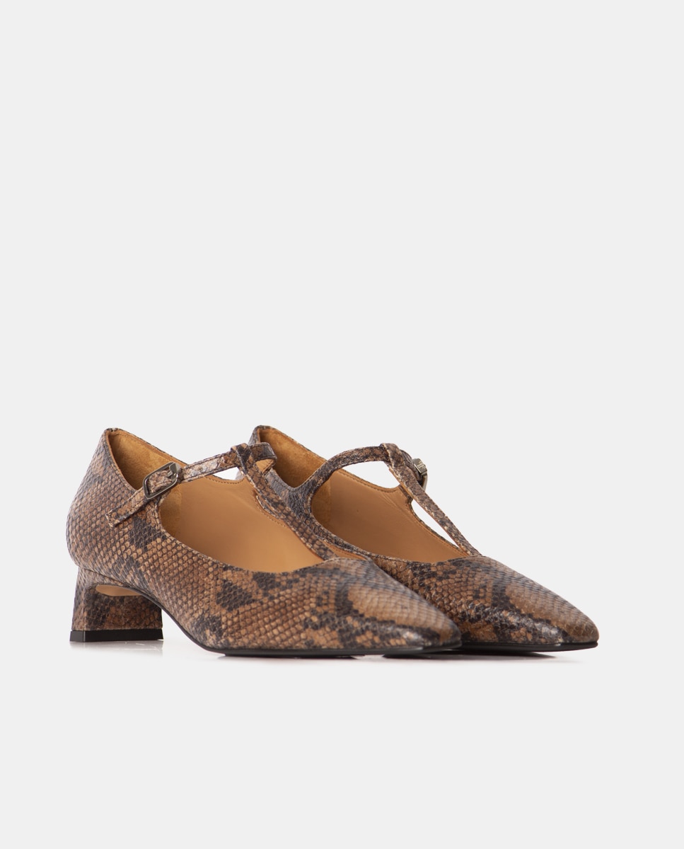 Zapatos de salón confeccionados en piel grabada pitón de puntera cuadrada - Farrutx - Marrón Marrón-3