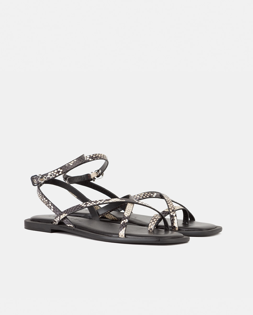 Sandalia plana de mujer confeccionada en piel calf grabado efecto pitón - Farrutx - Negro Negro-3
