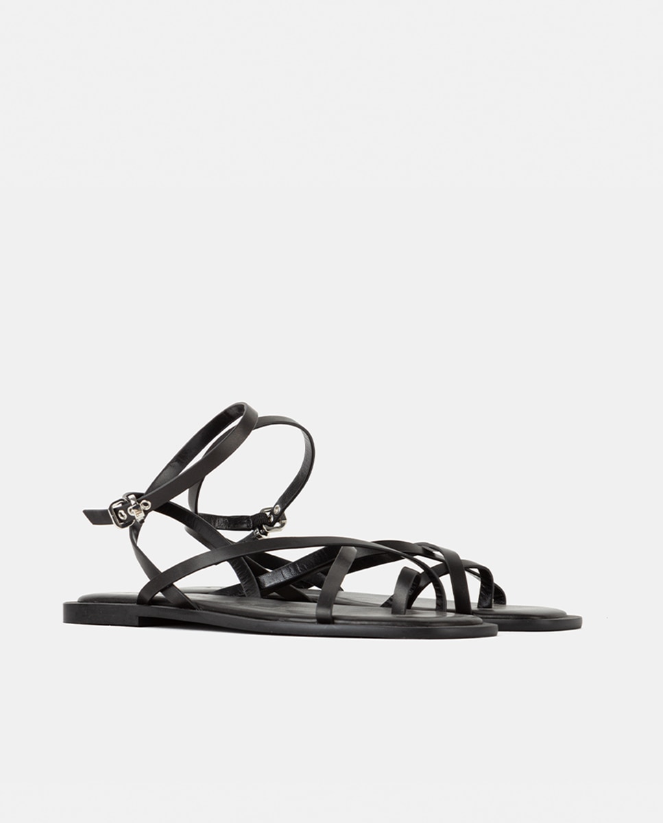Sandalia plana de mujer confeccionada en piel calf - Farrutx - Negro Negro-3