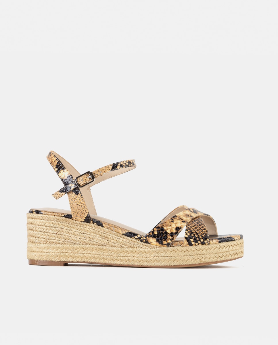 Farrutx - Alpargatas de cuña de mujer en piel grabada efecto serpiente de pala criss-cross.