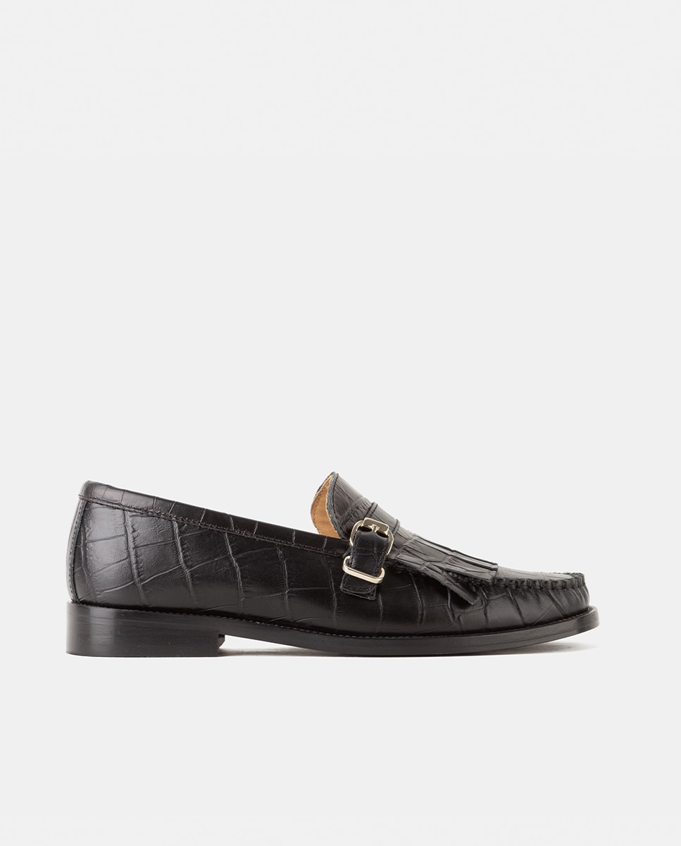 Mocasín de mujer con antifaz elaborado en piel grabada con suela de cuerolite cosida - Farrutx - Negro Negro-1