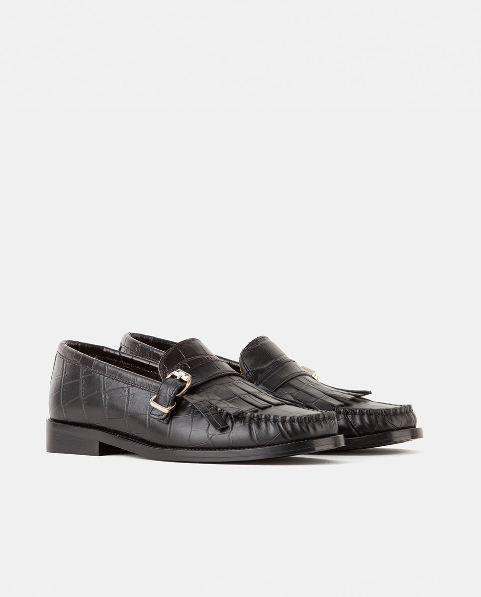Mocasín de mujer con antifaz elaborado en piel grabada con suela de cuerolite cosida - Farrutx - Negro Negro-3