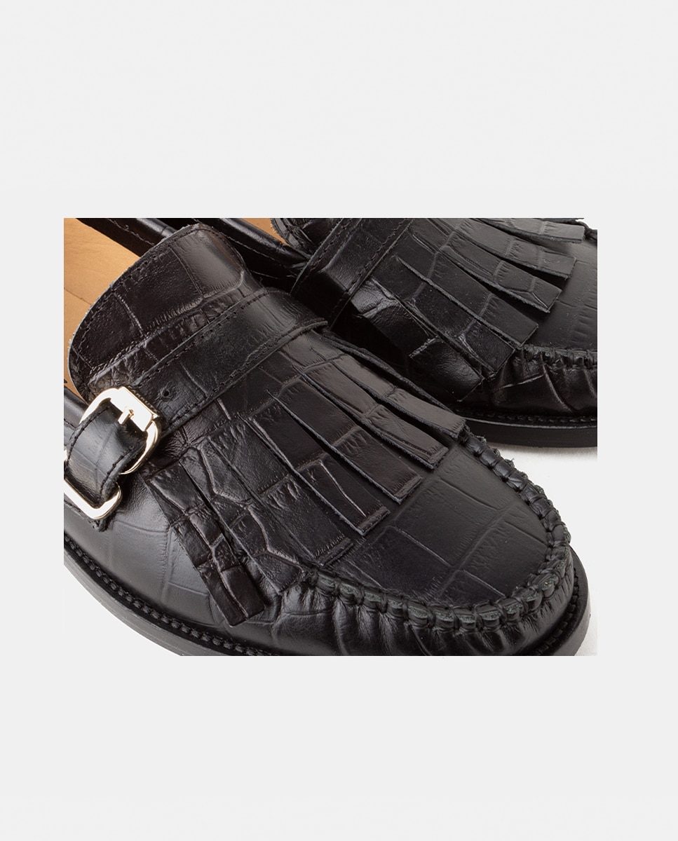 Mocasín de mujer con antifaz elaborado en piel grabada con suela de cuerolite cosida - Farrutx - Negro Negro-2