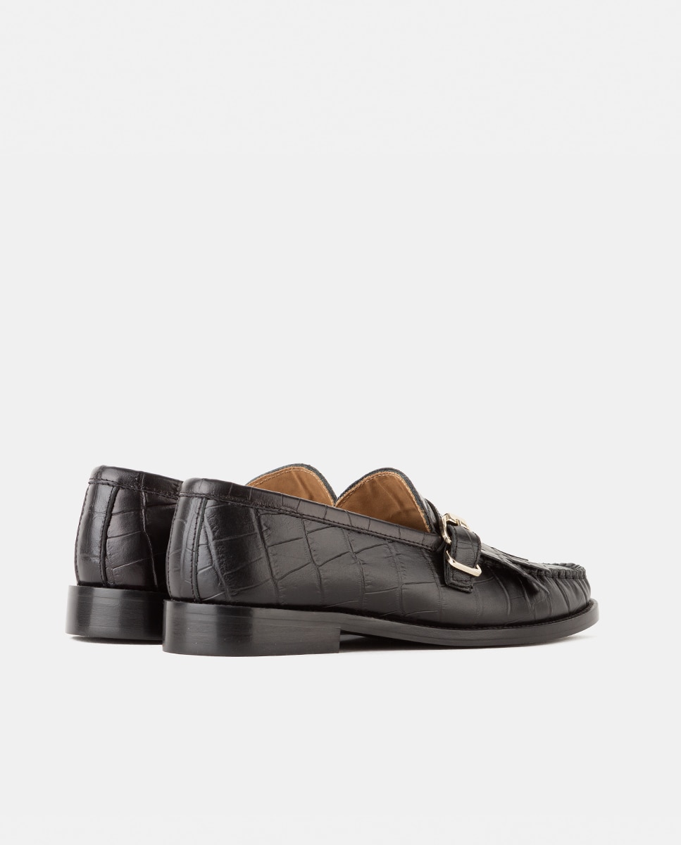 Mocasín de mujer con antifaz elaborado en piel grabada con suela de cuerolite cosida - Farrutx - Negro Negro-4