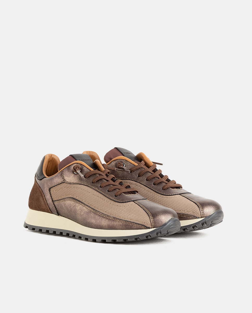 Zapatillas deportivas de mujer elaboradas en rejilla con piezas de napa metalizada y velour - Farrutx - Bronce Bronce-3