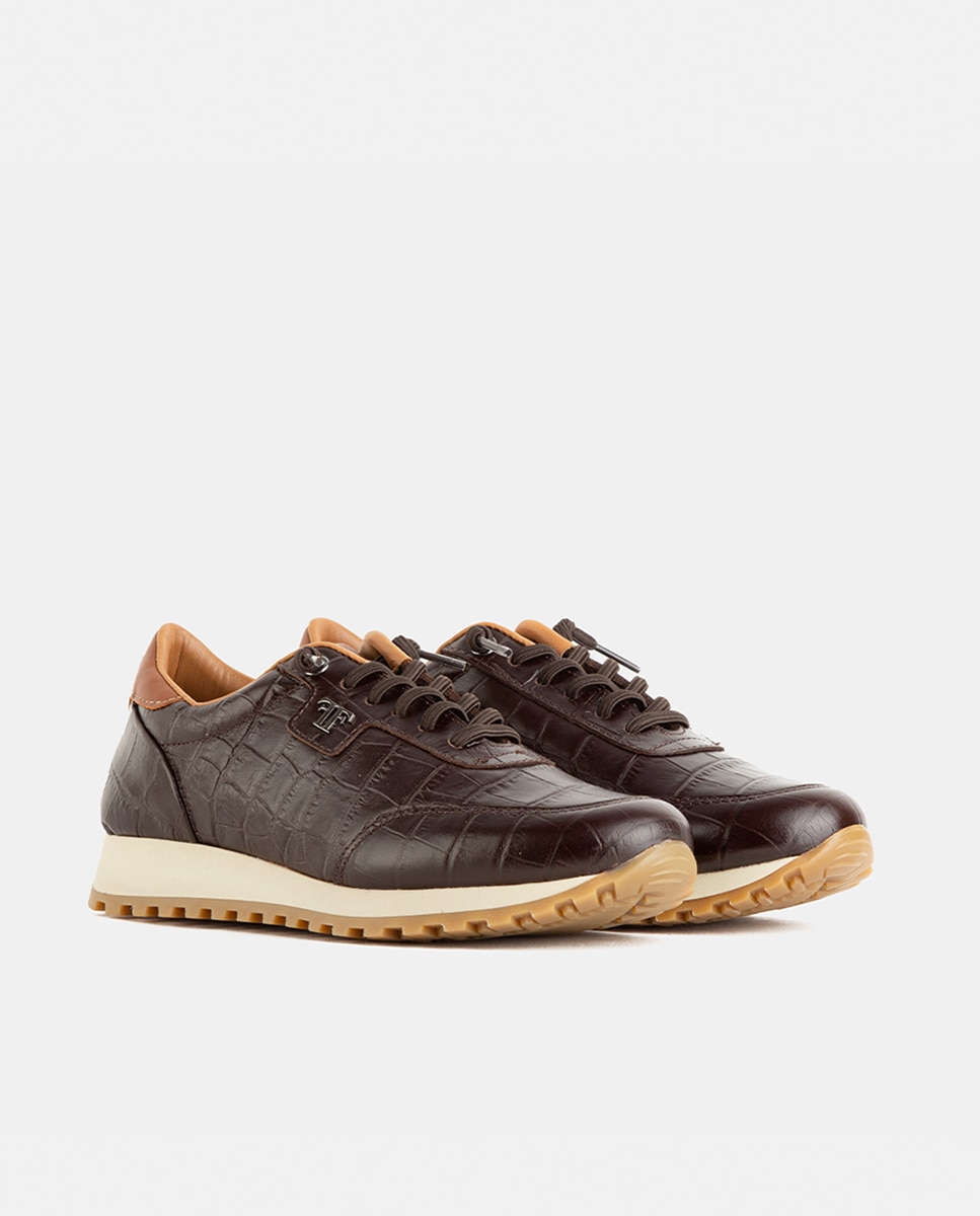Zapatillas deportivas de mujer elaboradas en piel grabada de estampado animal - Farrutx - Marrón Marrón-3