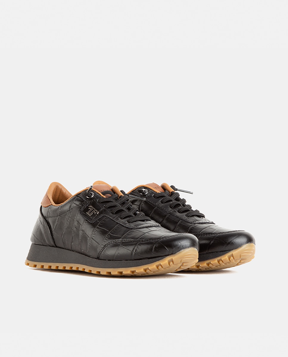 Zapatillas deportivas de mujer elaboradas en piel grabada de estampado animal - Farrutx - Negro Negro-3
