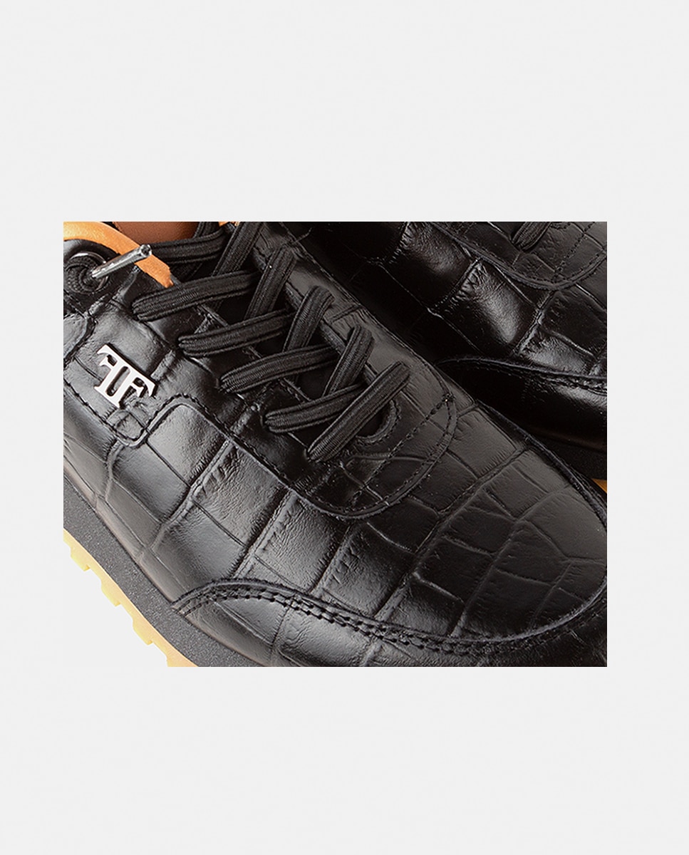 Zapatillas deportivas de mujer elaboradas en piel grabada de estampado animal - Farrutx - Negro Negro-2