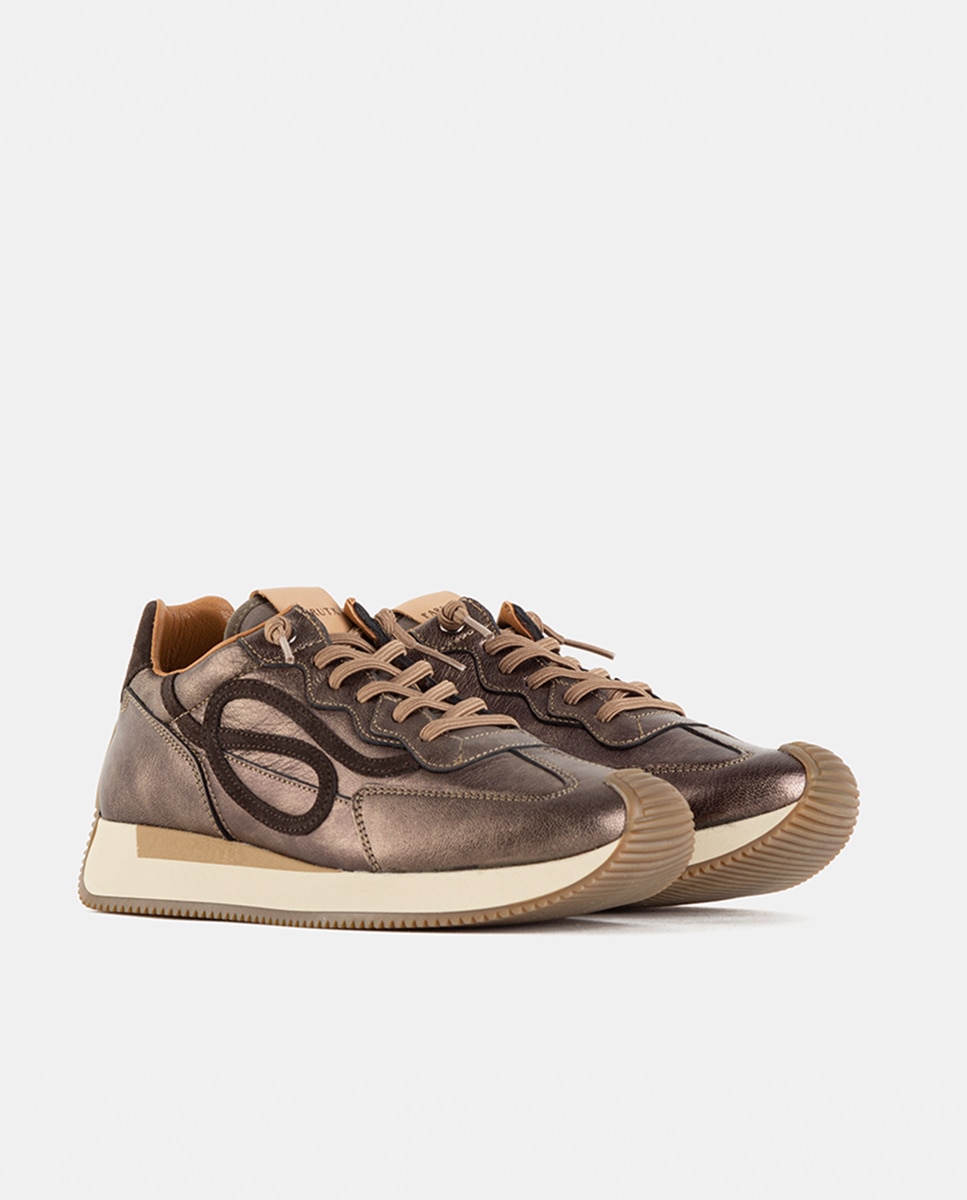 Zapatillas deportivas de mujer con base de nylon en combinación con piezas de velour y napa metalizada - Farrutx - Bronce metalizado Bronce metalizado-3