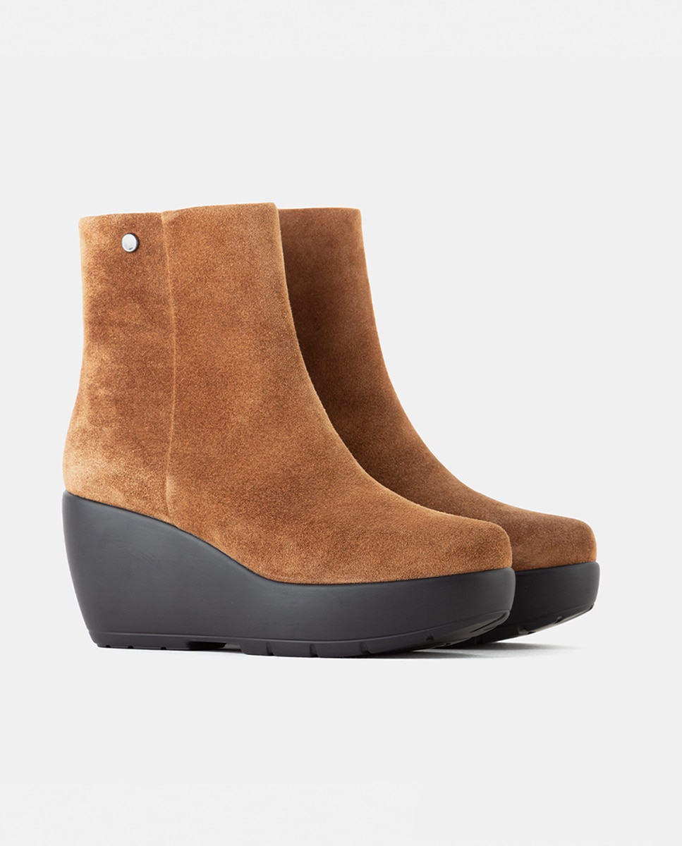 Botines de mujer confeccionados en velour con cremallera interior y cuña 14 cm - Farrutx - Cuero Cuero-3