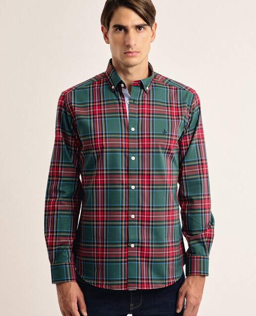Imagen 0 de Camisa algodón de hombre corte classic estampado tartán geométrico color verde