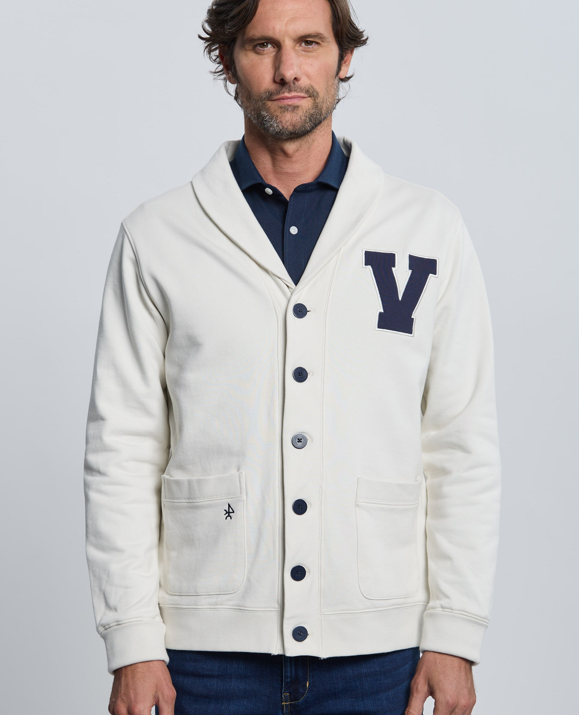 Sudadera de hombre de cierre con botones con cuello smokin - Valecuatro - Blanco roto Blanco roto-1